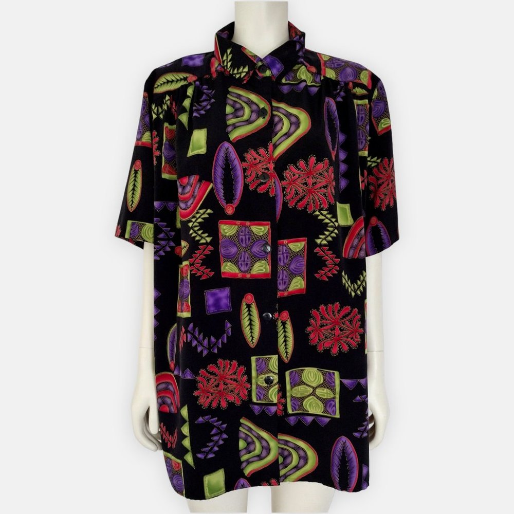 Vintage 1990s Colorful Geometric Button Down Short Sleeve Shirt Size 1X